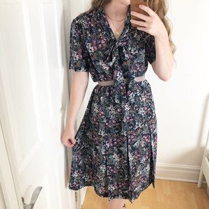 Vintage Pussy Bow Micro Floral Pleated Midi Dress